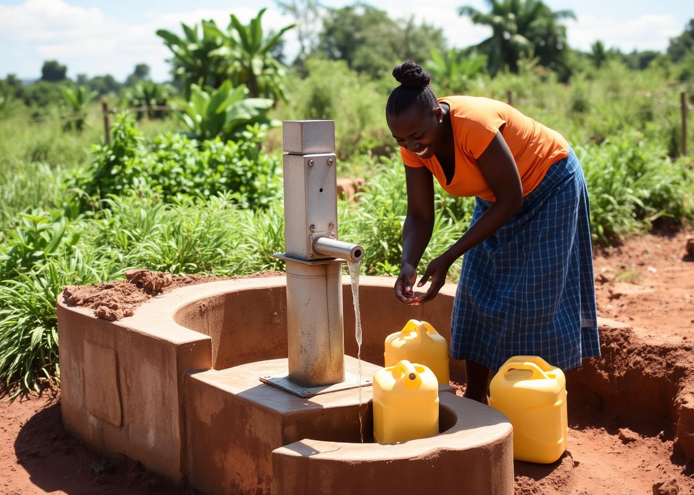 A woman fills a yellow jerrycan from a newly installed Burlcore-funded borehole in Busia, Uganda