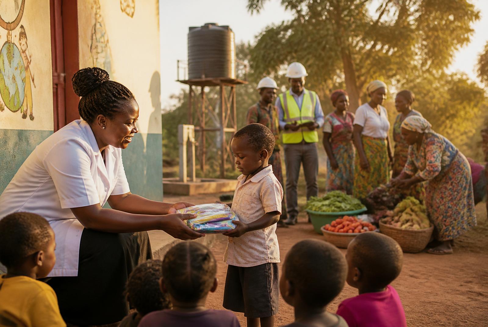 Burlcore Mining funded community health worker handing a learning kit to a child at an early education centre in Busia District, Uganda, with mine crews and local farmers behind