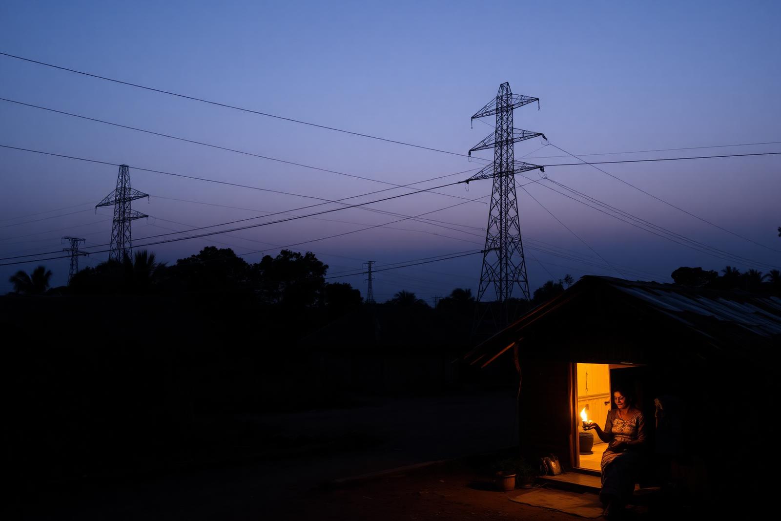 High voltage transmission pylons crossing above unlit homes at dusk in a Busoga village in eastern Uganda