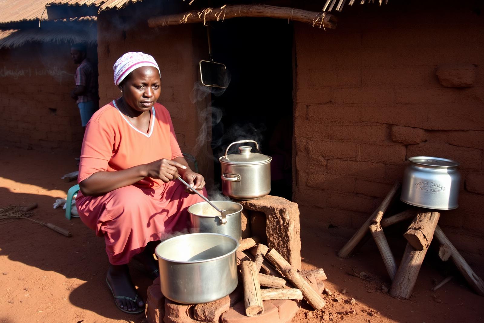 A woman cooking on an improved low smoke stove outside a rural Ugandan home