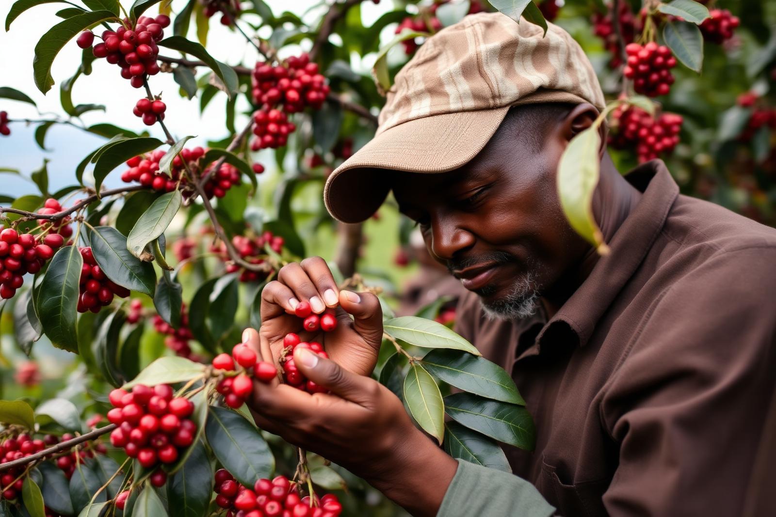 A Ugandan smallholder coffee farmer inspects red coffee cherries on a bush in the Mbale highlands