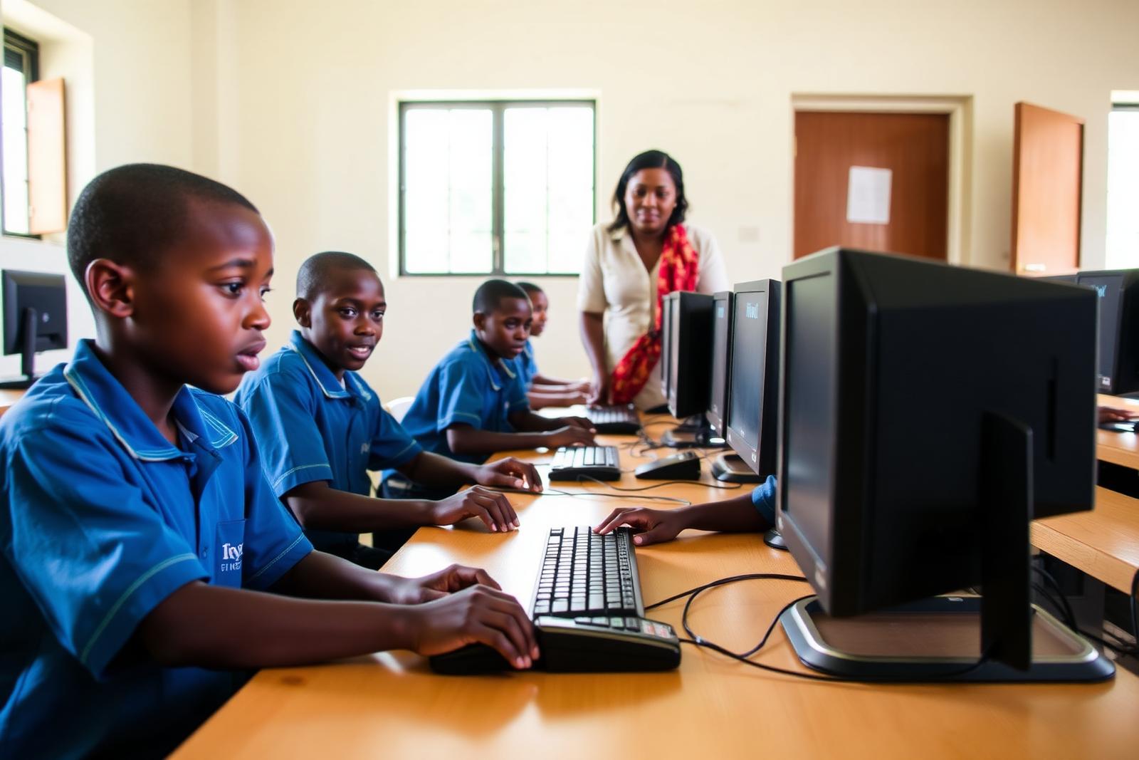 Ugandan primary school students in blue uniforms using new desktop computers in a school computer lab