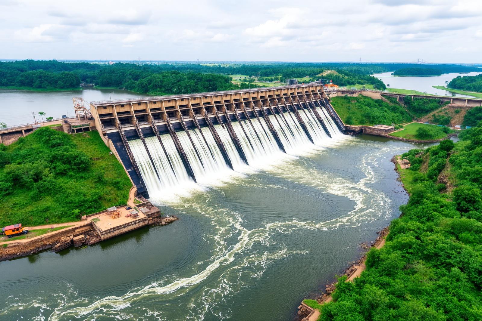 Aerial view of a large hydroelectric dam on the Nile river in Uganda with spillways discharging white water