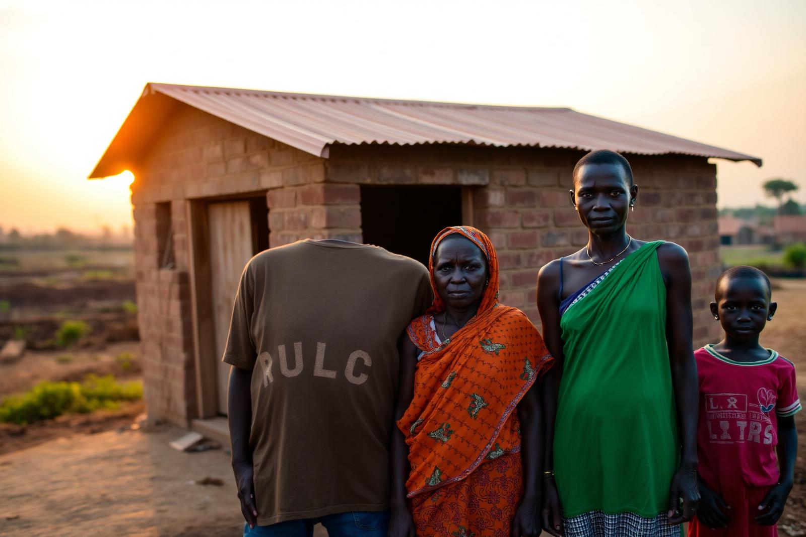 A rural family stands outside a small brick home near the Kingfisher oil development area in western Uganda