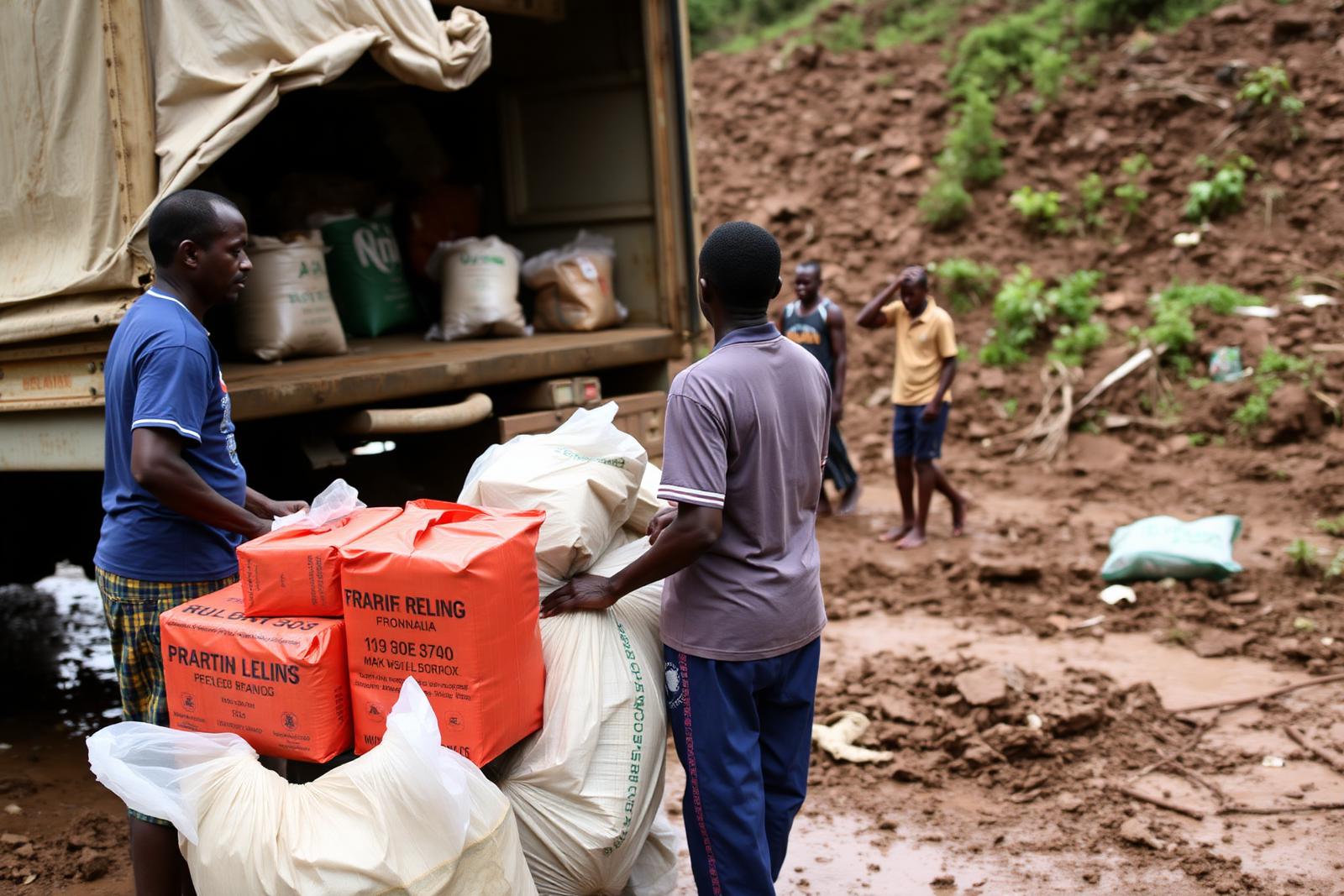 Community members unloading relief supplies from a truck in the muddy aftermath of flooding in Kasese, Uganda