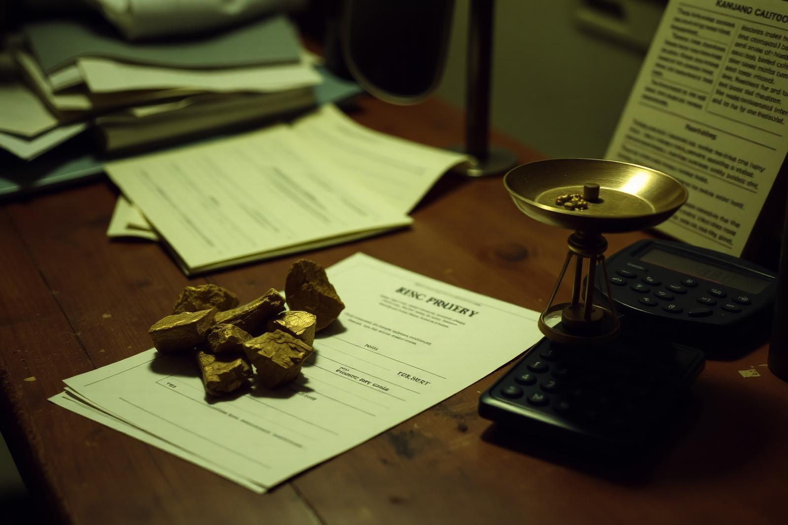 Rough gold nuggets and a brass weighing scale on a desk in a Kampala gold trading office