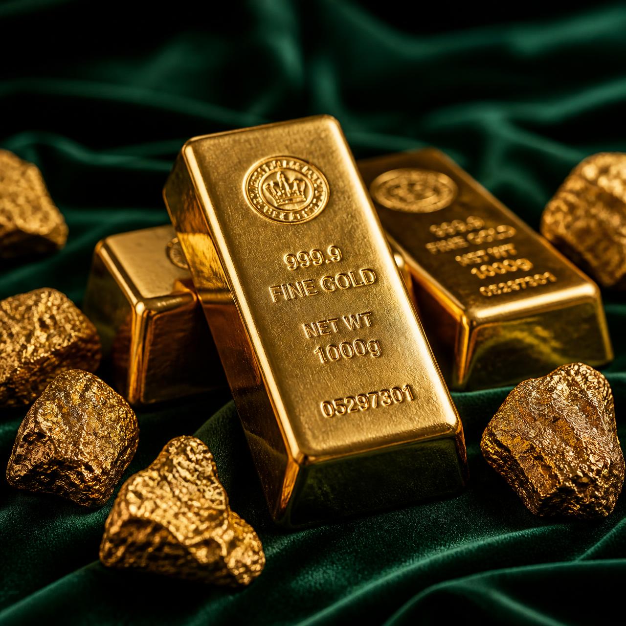 Raw gold ore samples on a wooden table at a Ugandan mining office.