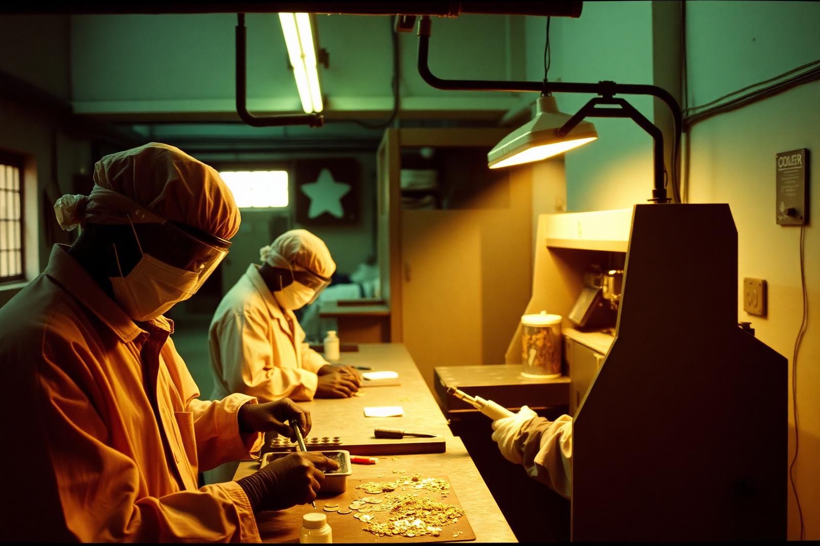 Technicians at an assay bench in a Ugandan gold refinery, weighing and testing recovered metal