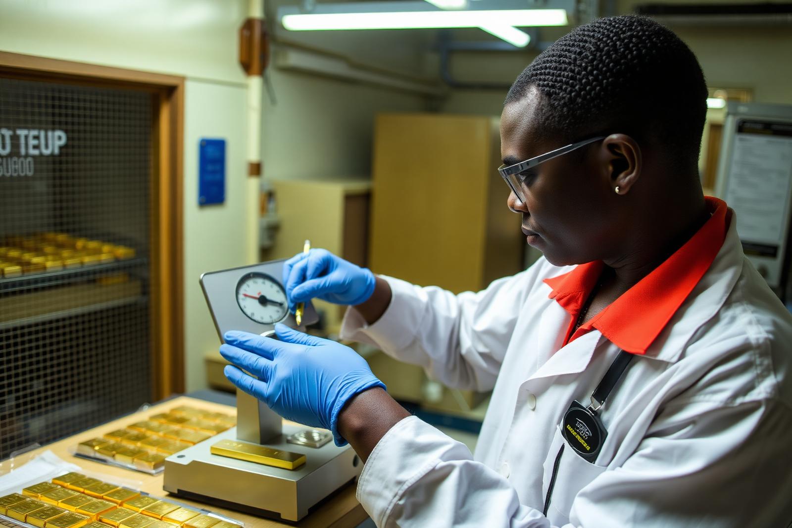 A refinery technician in gloves weighing gold bars on a bench scale at a licensed Kampala refining plant