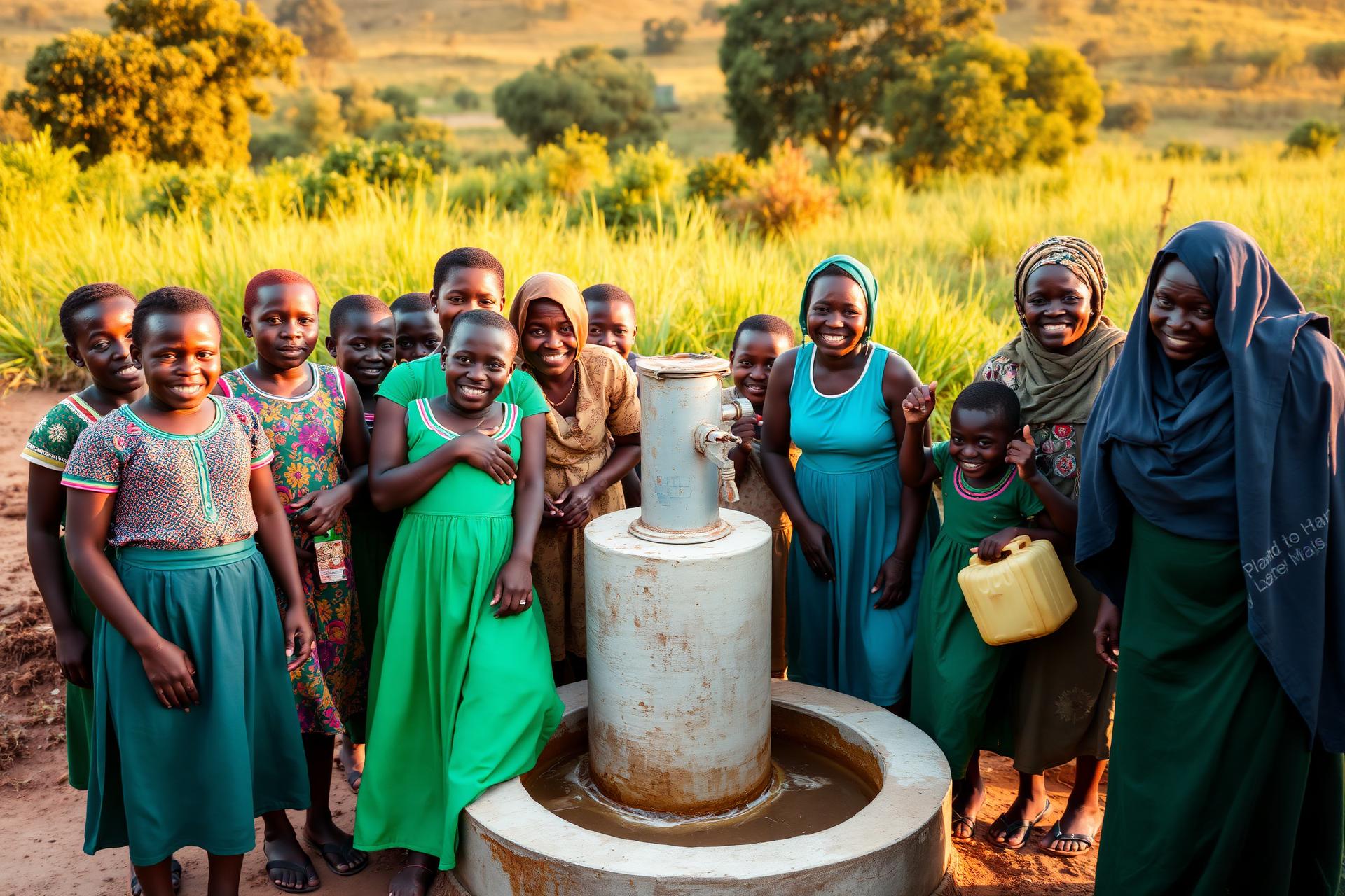Women and children in Busia, Uganda gather clean drinking water from a new community borehole funded by Burlcore Mining