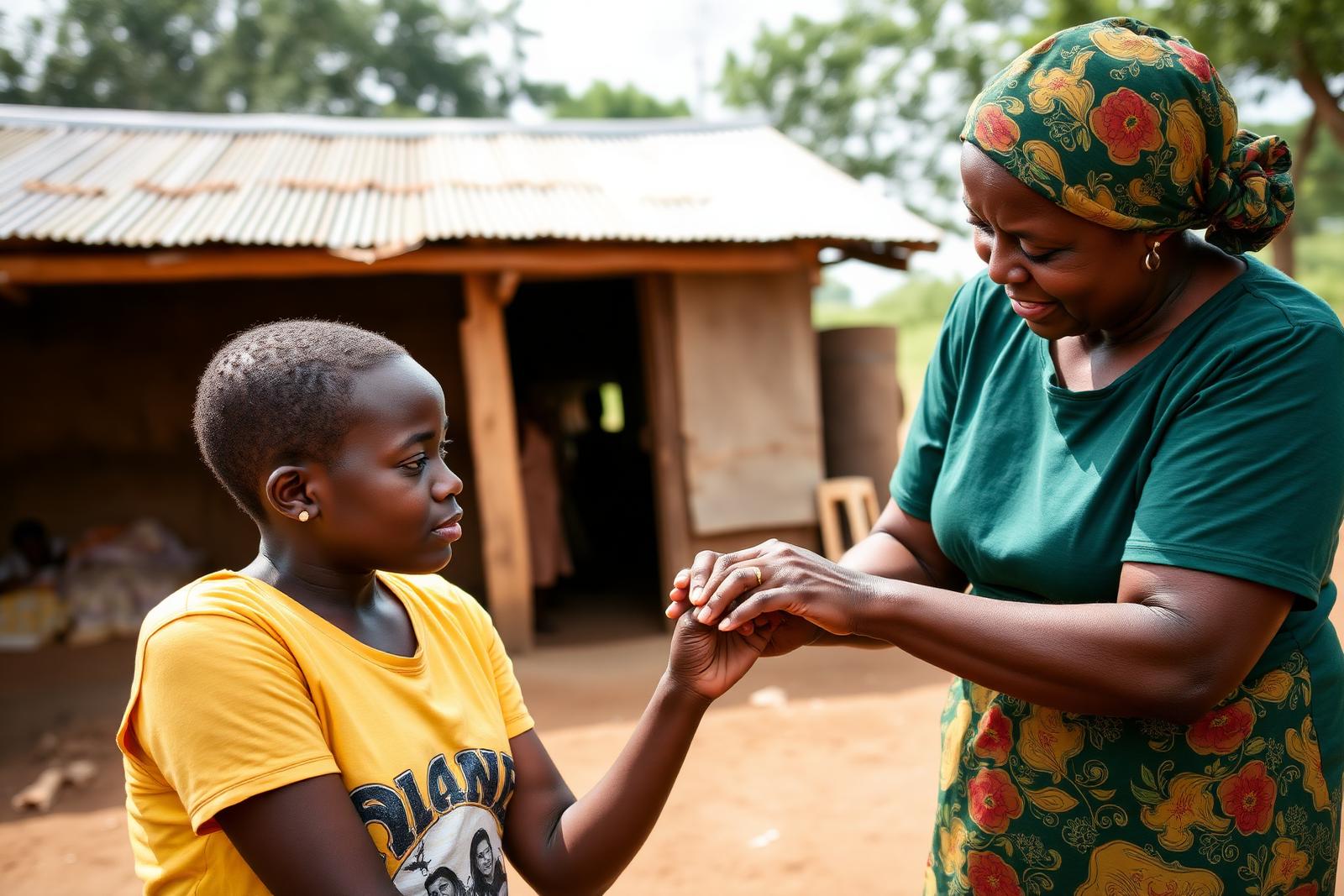 A carer supporting a young survivor at a family compound in the Acholi sub-region of northern Uganda