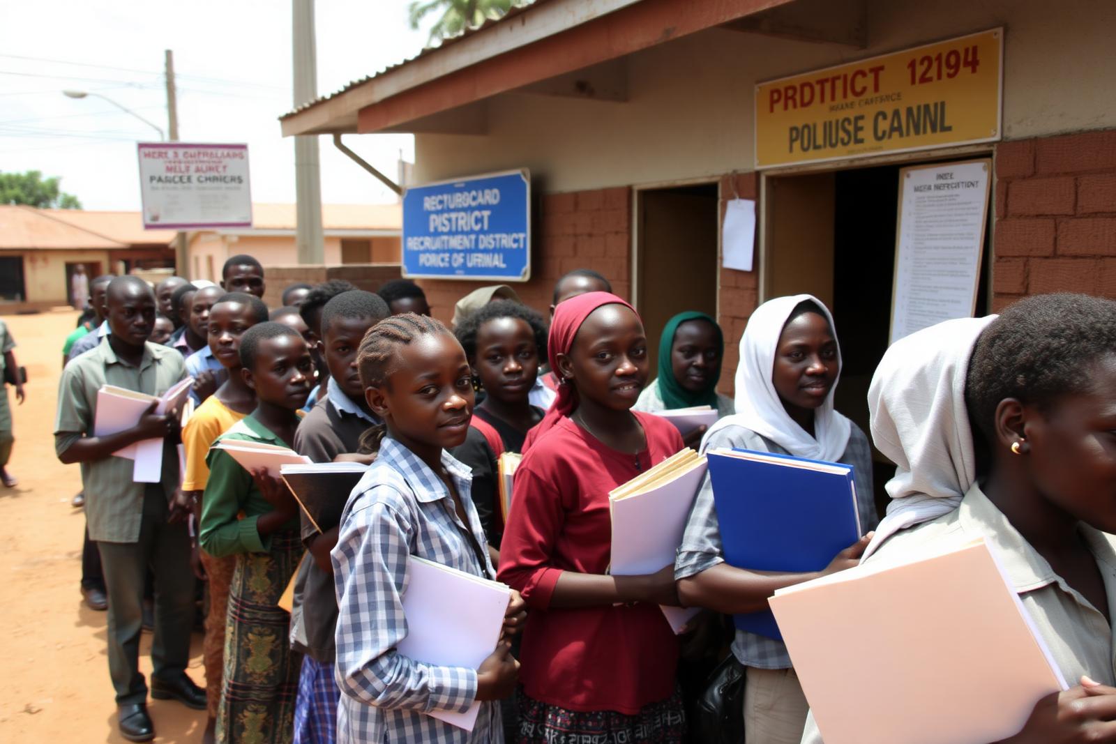 Young job seekers queueing with application folders outside a district recruitment notice board in Busia