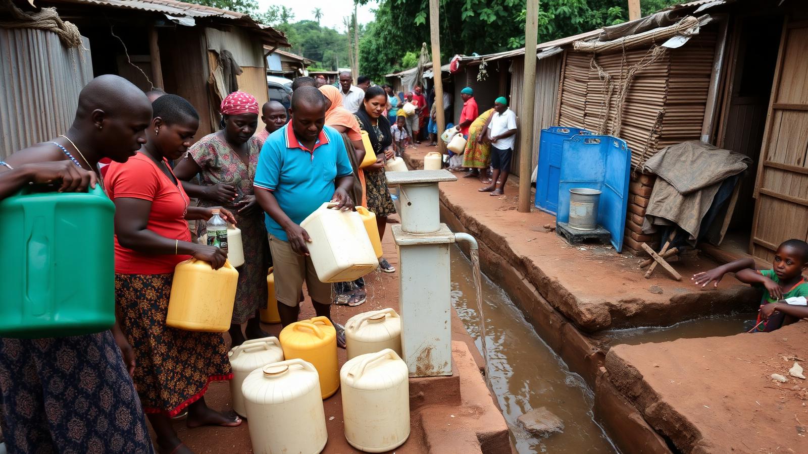 Households queueing with jerrycans at a communal tap beside an open drainage channel in a dense Kampala parish