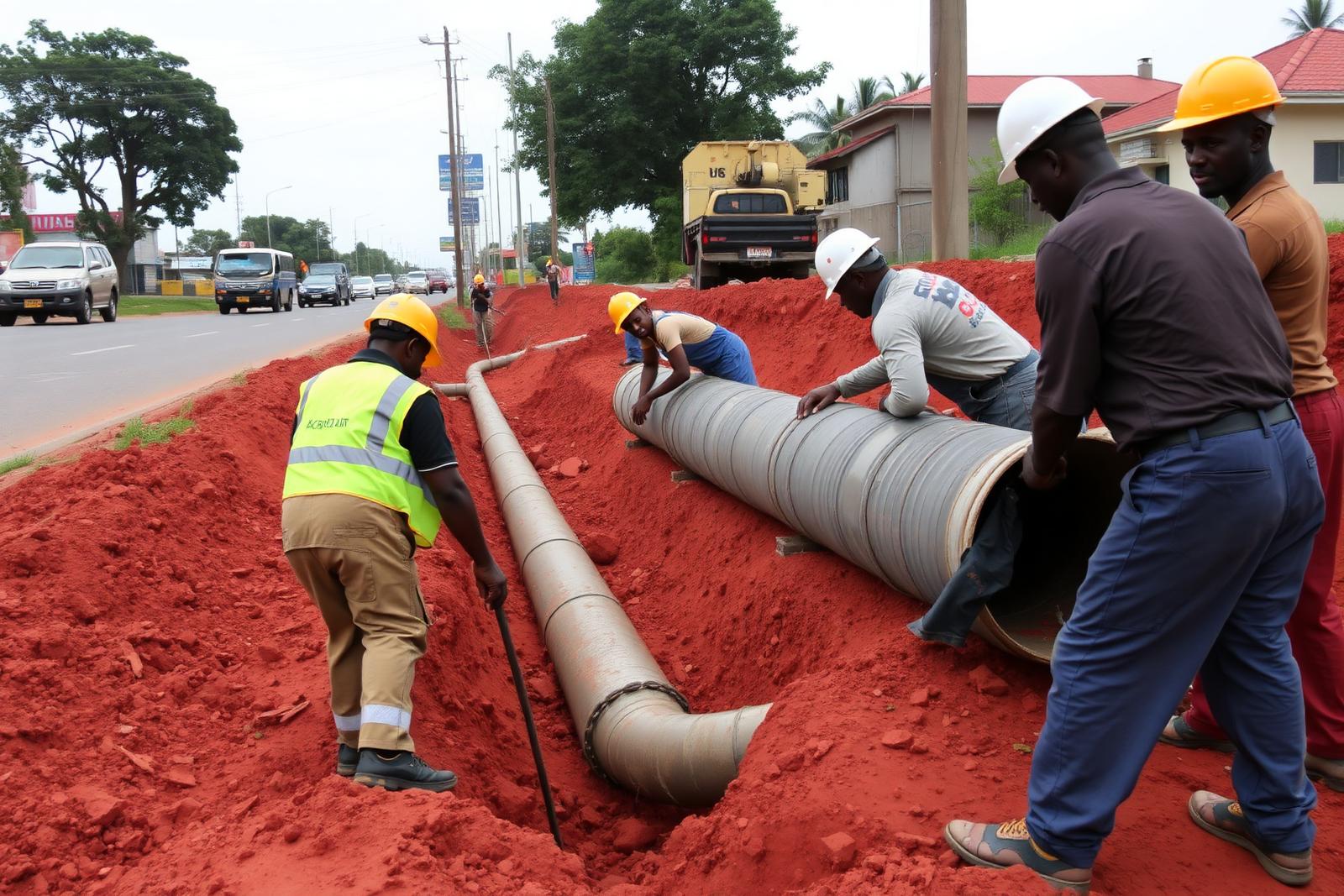 A utility crew lowering a large steel water main into a roadside trench in Kampala