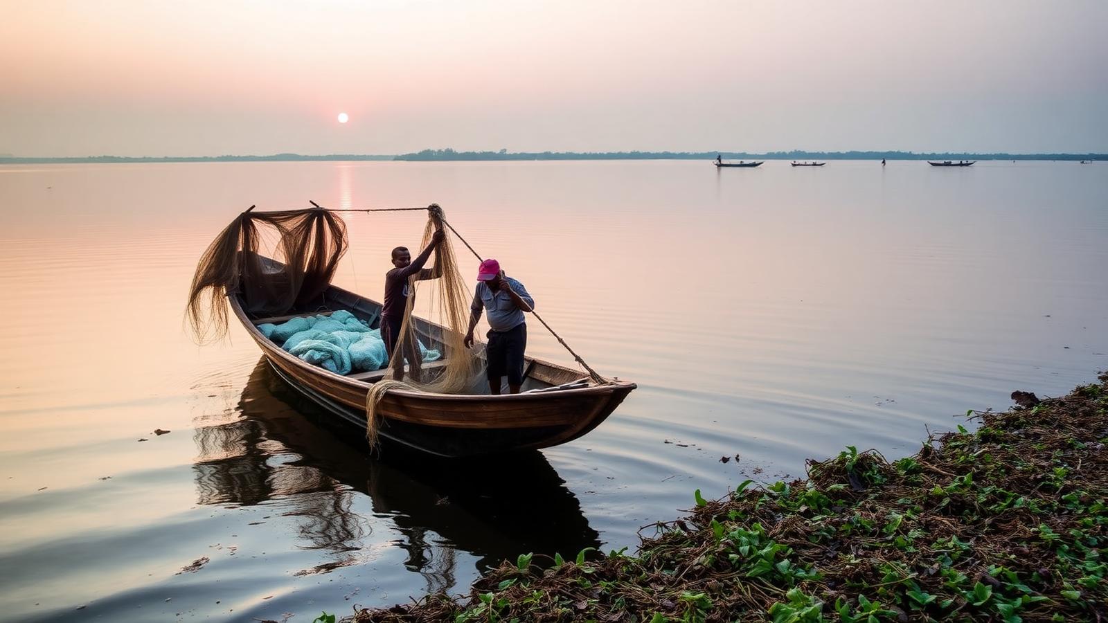 Fishers sorting the morning catch beside wooden boats at a Lake Victoria landing site in Uganda