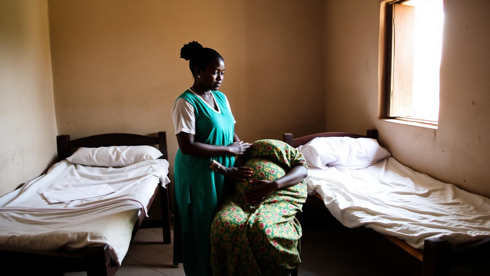 A midwife attending to an expectant mother in a modest rural maternity ward in northern Uganda