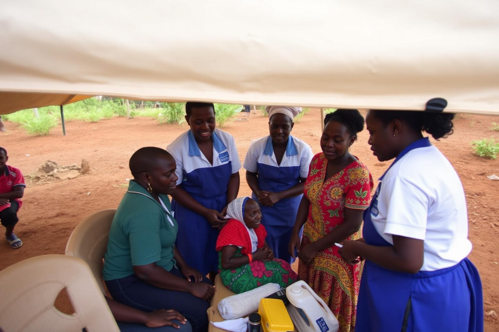 Ugandan health workers in blue uniforms attend to patients at a rural medical outreach camp near Lake Albert