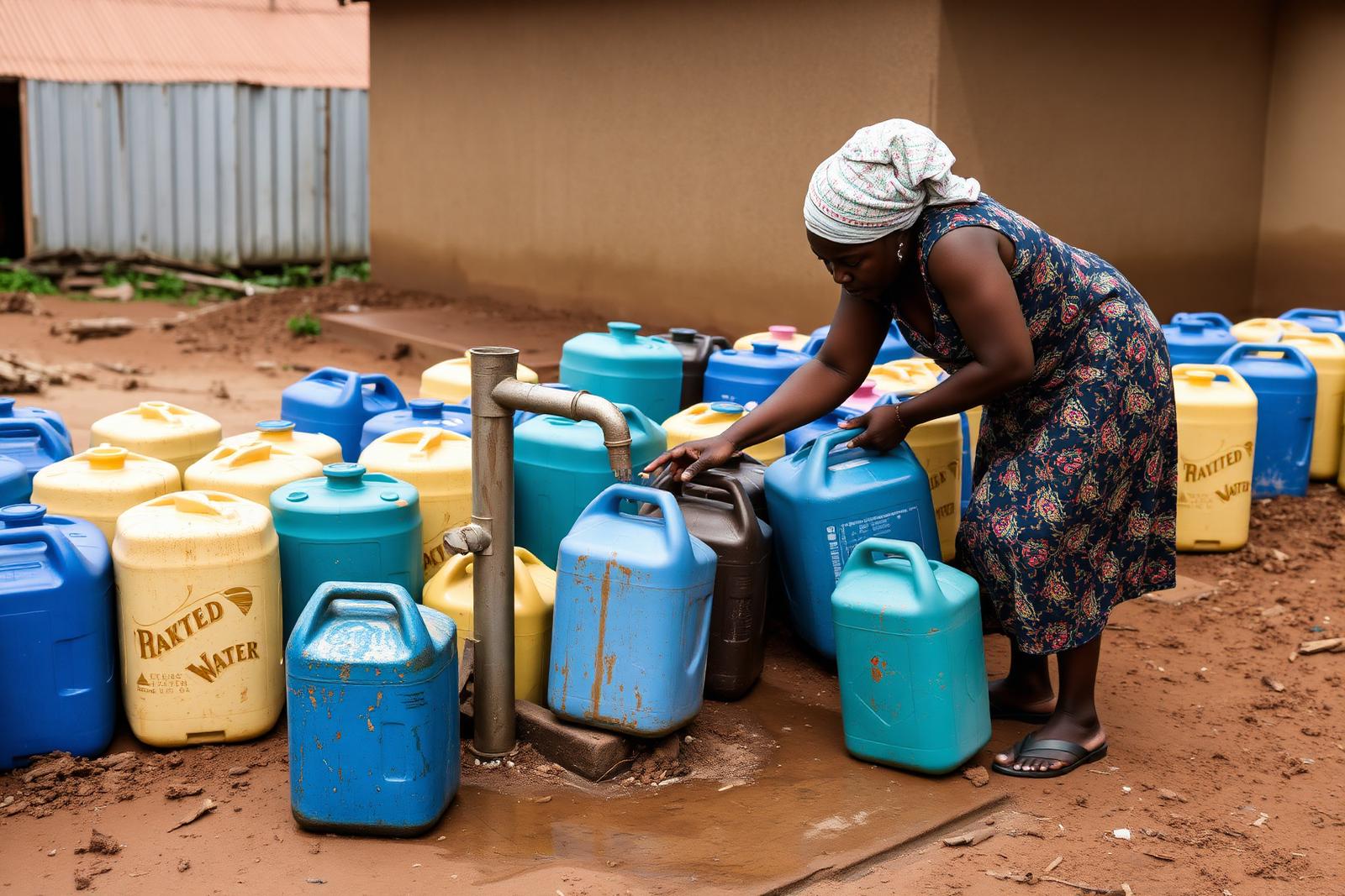 A woman filling jerrycans at a public tap stand in Mbale after flood damage to the piped water network