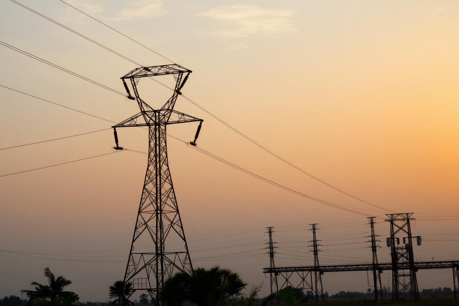 High voltage transmission towers and a substation at dusk in Uganda after the Umeme concession handover