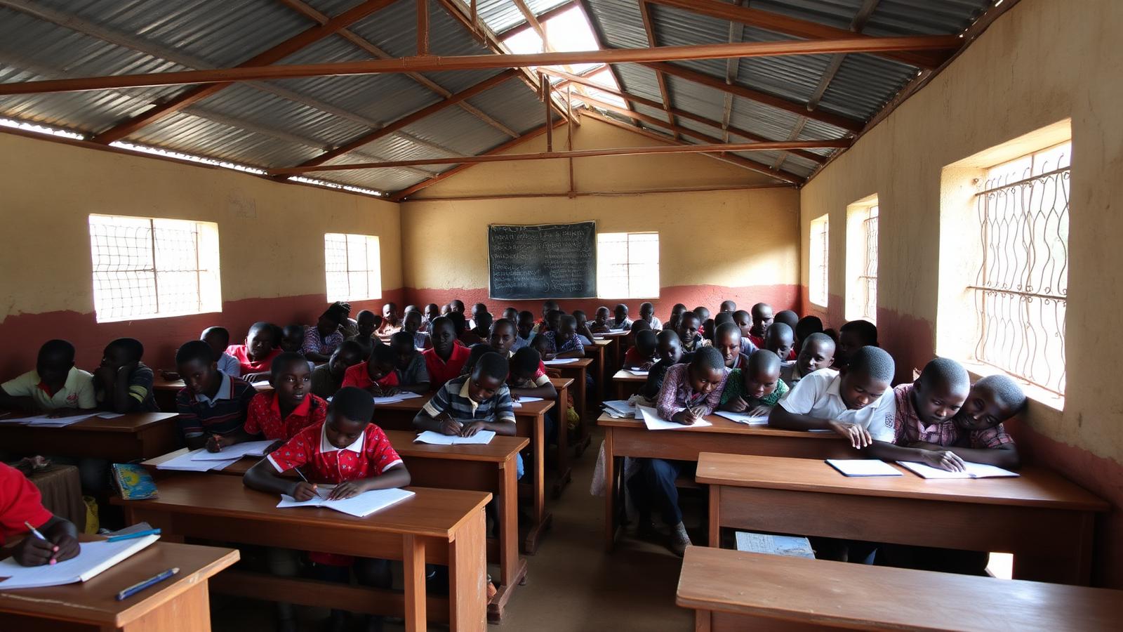 Pupils sharing crowded benches in a settlement primary school classroom in the West Nile region of Uganda