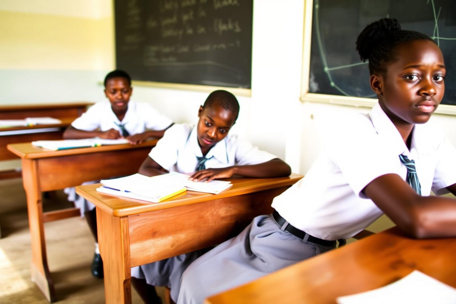 Secondary school girls in uniform studying at wooden desks in a Ugandan classroom