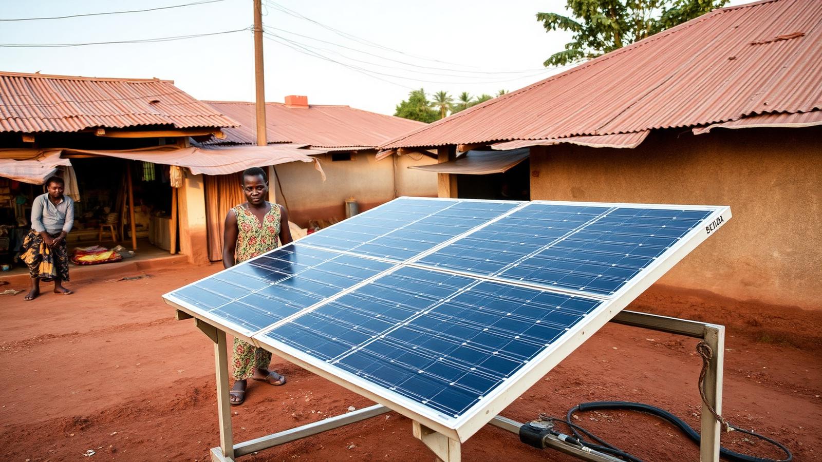 A small solar mini-grid array mounted on a steel frame at a rural trading centre in northern Uganda