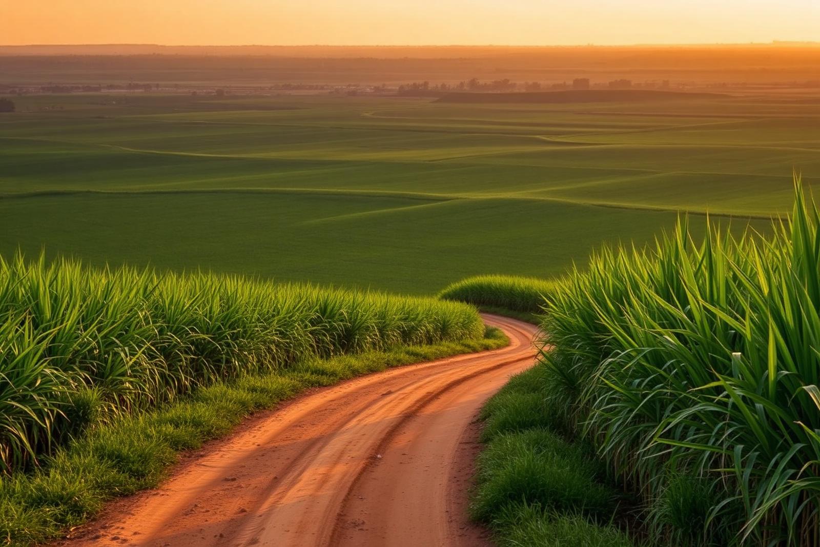 Sugarcane fields stretch to the horizon in Uganda's Busoga sub-region at sunset